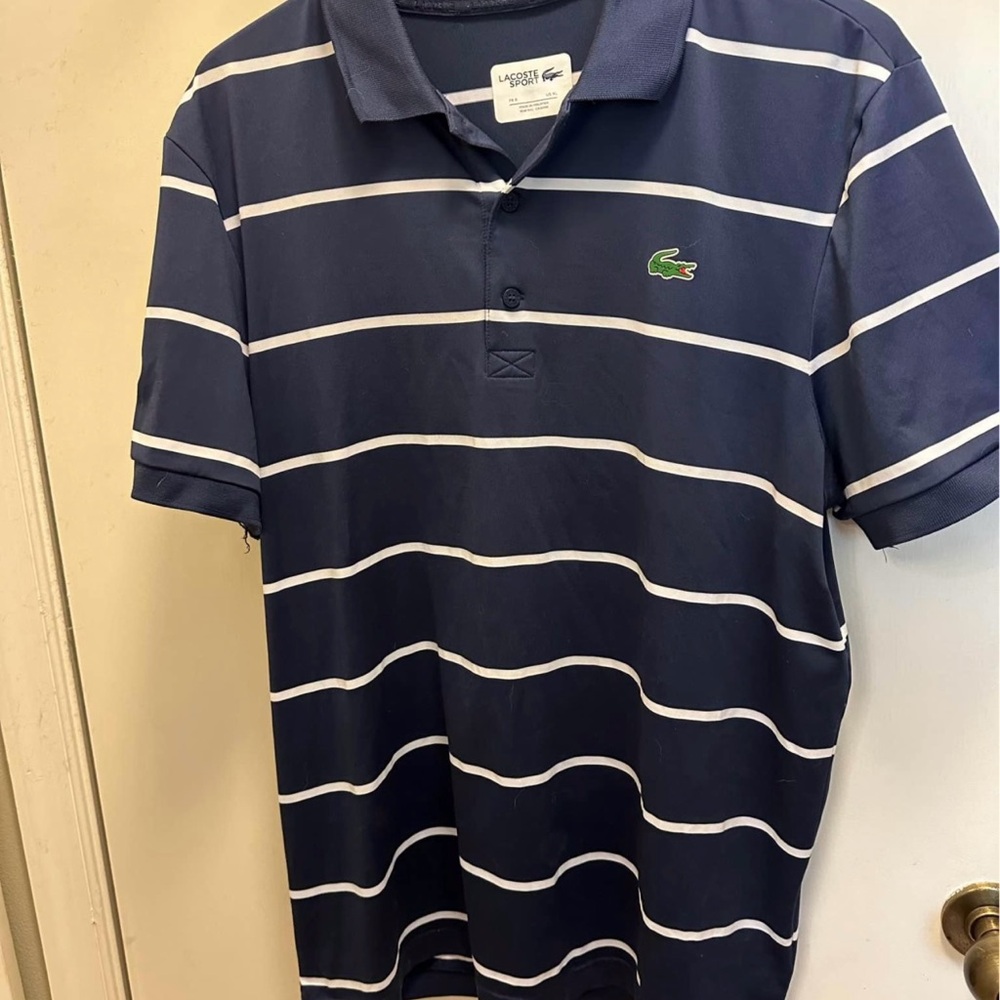 Lacoste Blue and White Striped Polo Shirt